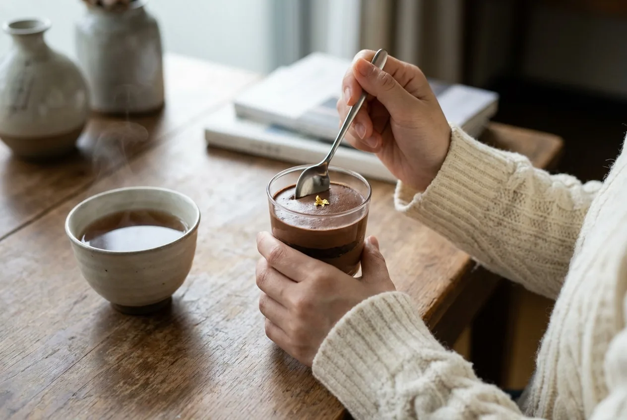 クリームのニットを着た女性が、ほうじ茶とともにKoji Noirをスプーンですくっている